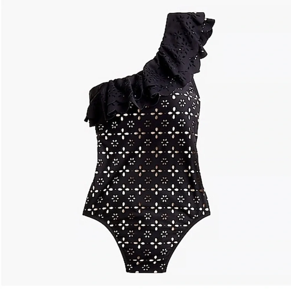 J Crew Scalloped Ruffle One Shoulder one-piece swimsuit ilaser-cut eyelet Black